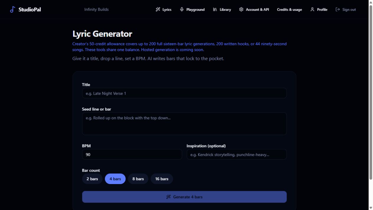 Actual StudioPal lyric-writing interface